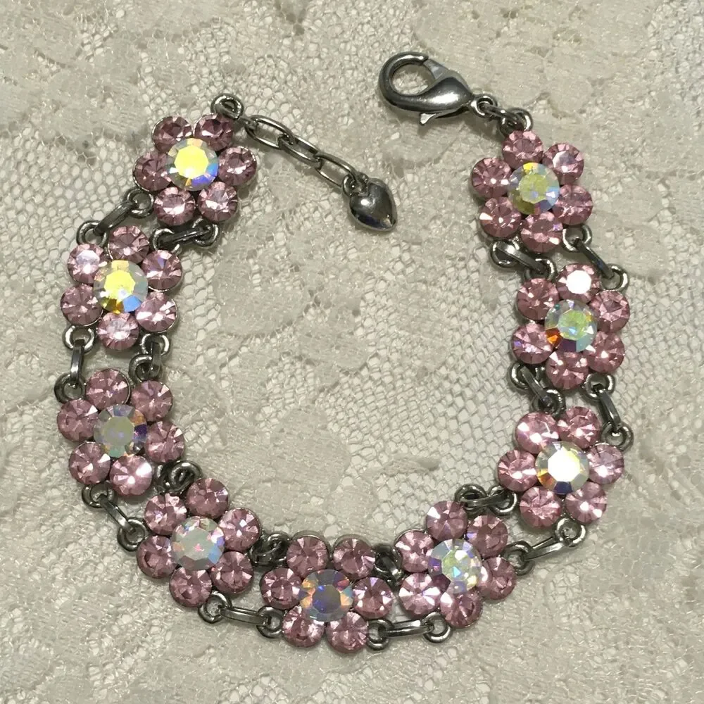 Rhinestone Floral Chain Bracelet Pink AB Stones Silver tone Coquette girl style